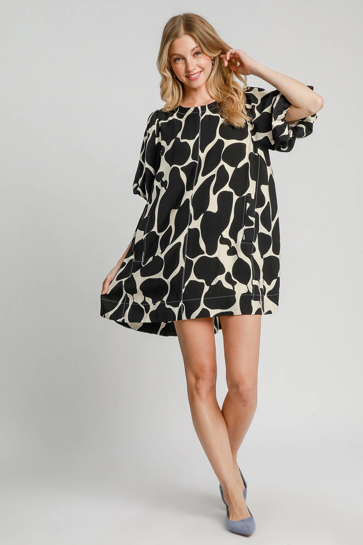 Umgee Full Size Two Tone Abstract Print Puff Sleeve Dress plus Size