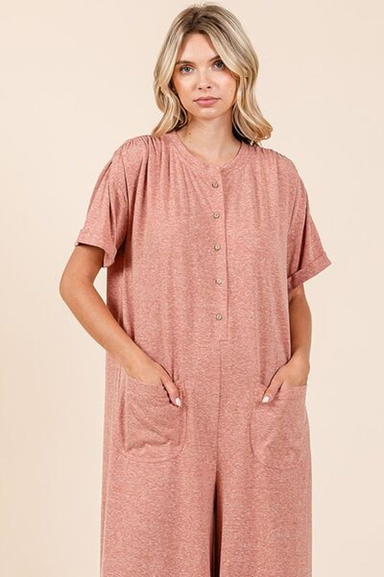 Mittoshop Button Detail Jumpsuit - Short Sleeve Wide Leg Jumpsuit