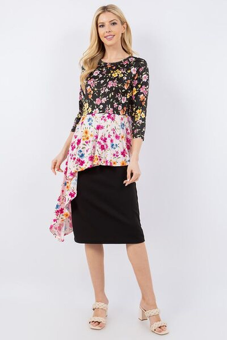 Celeste Full Size Floral Asymmetrical Hemline round Neck Top plus Size
