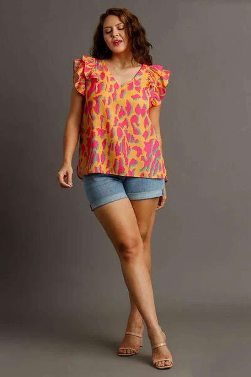 Umgee Full Size Abstract Print V-Neck Double Layer Ruffle Sleeve Blouse plus Size