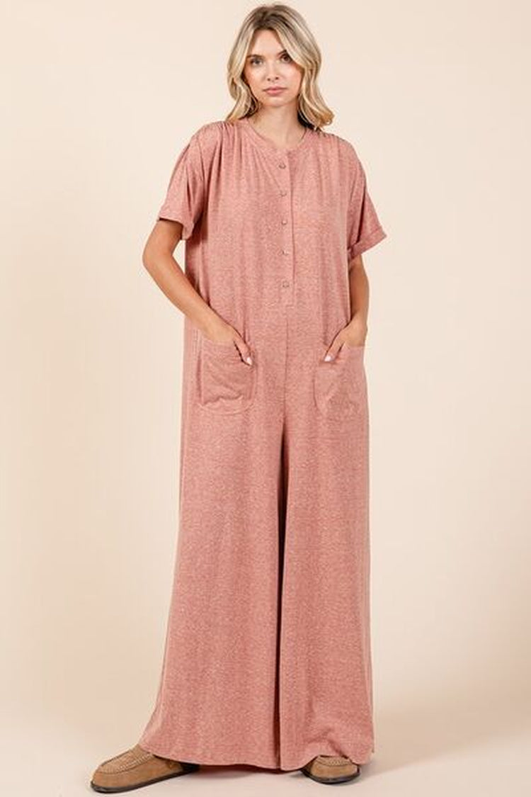 Mittoshop Button Detail Jumpsuit - Short Sleeve Wide Leg Jumpsuit
