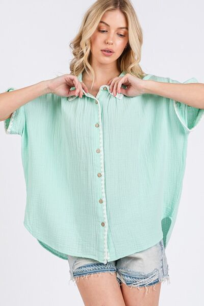 SAGE+FIG Boho Contrast Zigzag Trim Gauze Button-Up Shirt