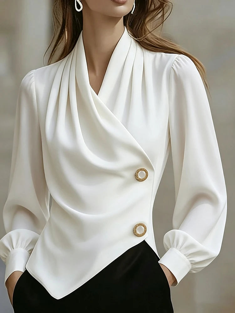 Pleated V-Neck Long-Sleeve Top