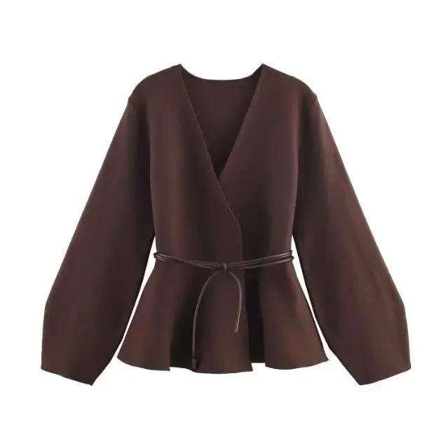 Tie-Waist V-Neck Knit Cardigan