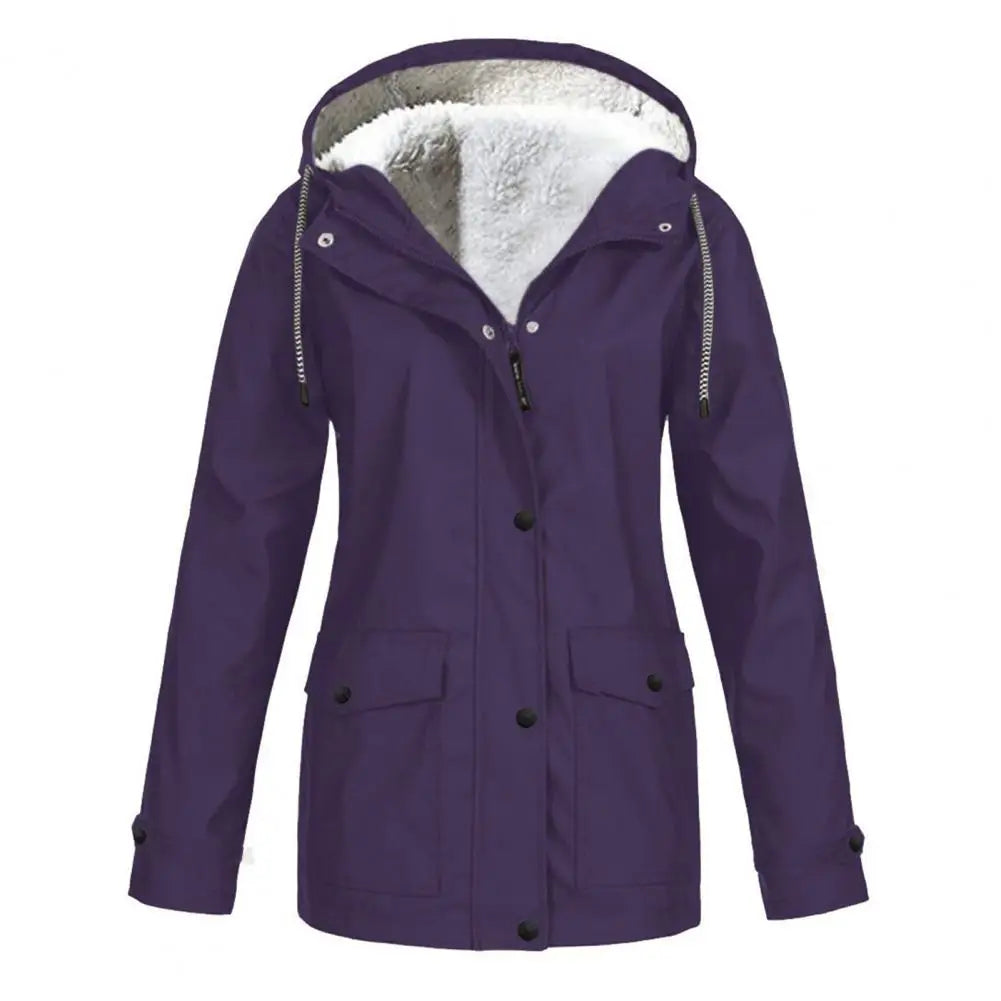 Women Hooded Down Jacket Women’s Winter Coat Fleece-lined Hooded Parka with Press Button Zipper Closure Mid-length Outerwear