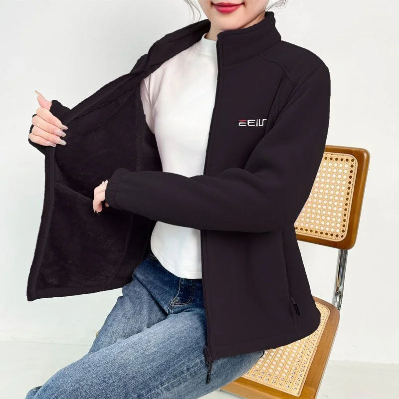Thickened Fleece Jacket Women's Autumn Winter Casual Loose Windproof Warm Stand Collar Fleece Lined Coat for Mom Outdoor Camp...