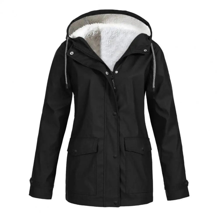 Women Hooded Down Jacket Women’s Winter Coat Fleece-lined Hooded Parka with Press Button Zipper Closure Mid-length Outerwear