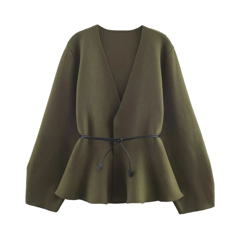 Tie-Waist V-Neck Knit Cardigan