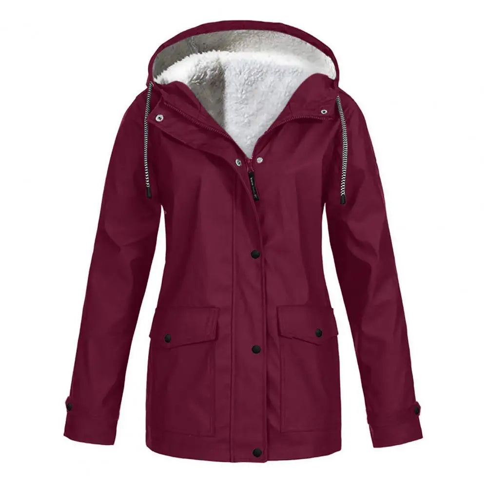Women Hooded Down Jacket Women’s Winter Coat Fleece-lined Hooded Parka with Press Button Zipper Closure Mid-length Outerwear