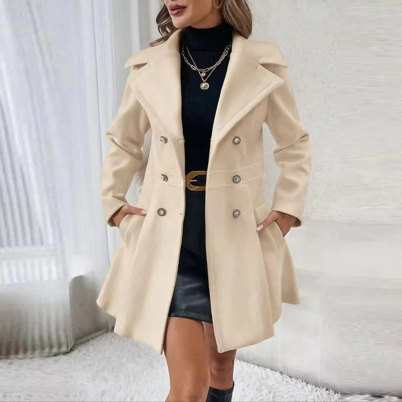 Women Jacket Elegant Women's Solid Color Woolen Double-breasted Coat with Turn-down Collar Long Sleeve Mid Length Overcoat
