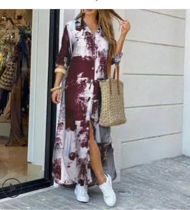Printed Lapel Shirt Dress