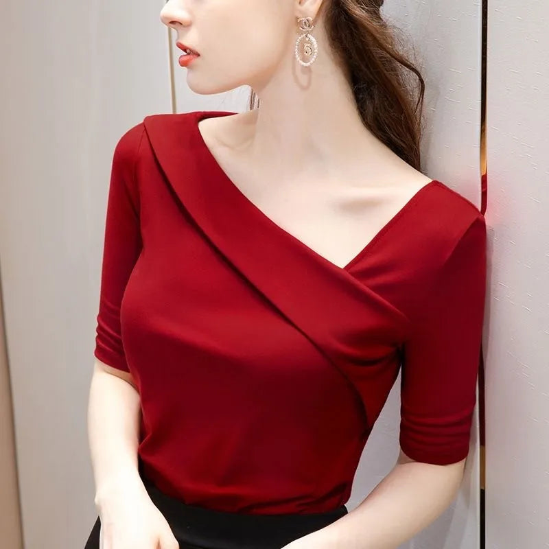 Skew-Collar Short-Sleeve Top