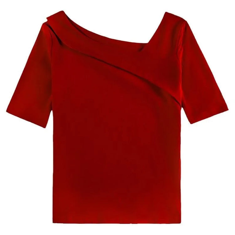 Skew-Collar Short-Sleeve Top
