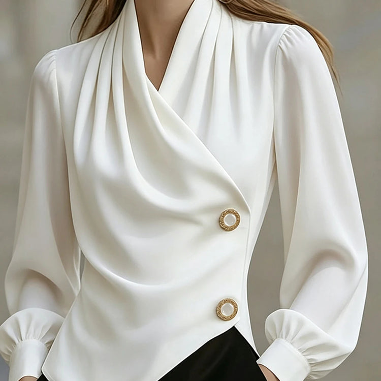 Pleated V-Neck Long-Sleeve Top