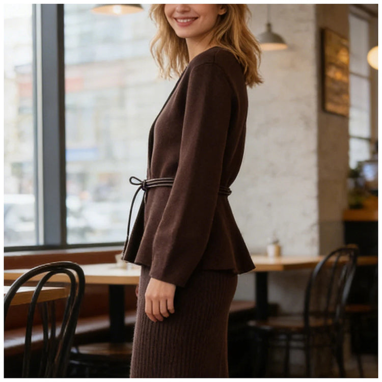 Tie-Waist V-Neck Knit Cardigan