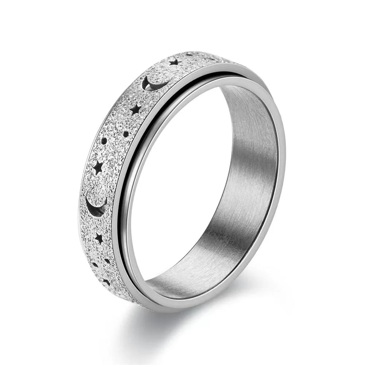 Anti Stress Stainless Steel Spinning Rotating Finger Rings For Women Men Rotatable Design Moon-Star Frosted Ring Fashion Jewelry