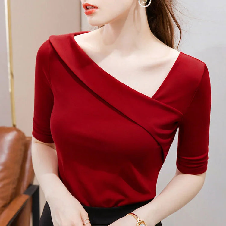 Skew-Collar Short-Sleeve Top