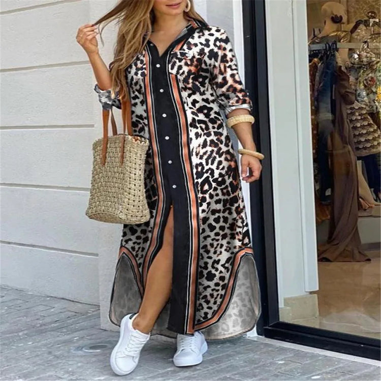 Printed Lapel Shirt Dress