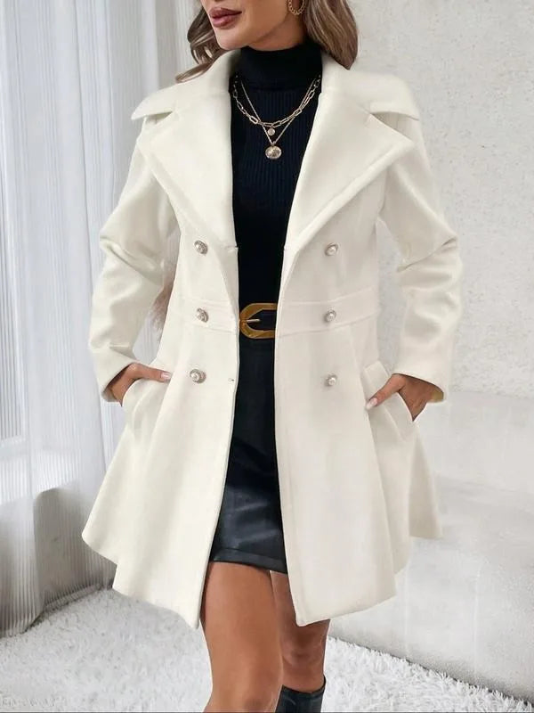 Women Jacket Elegant Women's Solid Color Woolen Double-breasted Coat with Turn-down Collar Long Sleeve Mid Length Overcoat