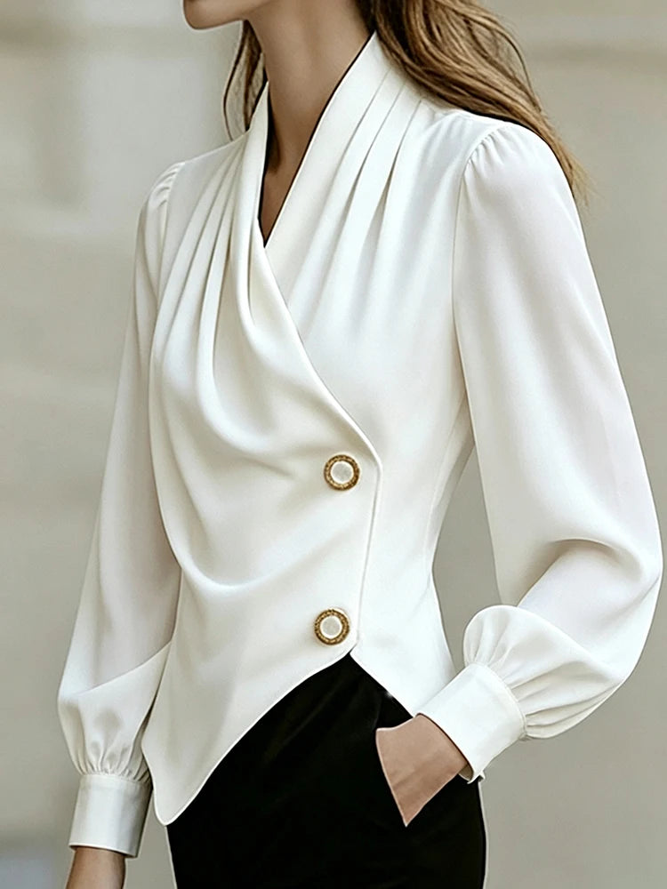 Pleated V-Neck Long-Sleeve Top