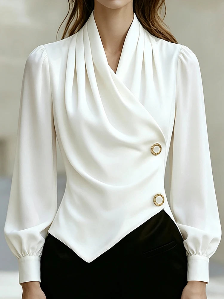 Pleated V-Neck Long-Sleeve Top
