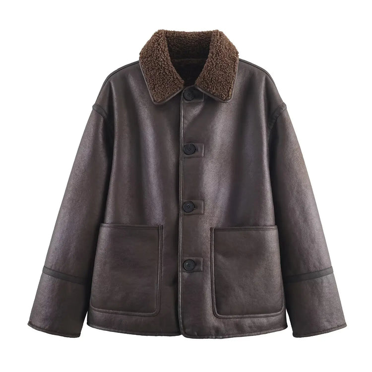 HH Woman Fashion Casual Street Style Jackets Women Lapel Single Breasted Pocket Decoration Coat Long Sleeve Winter Warm Jacket