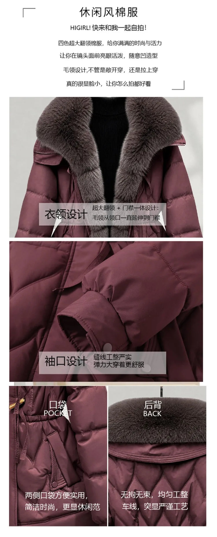 Women's Down Cotton Jacket Winter Coat Large Fur Collar Warm Mid Long Cotton Padded Jacket Female Outerwear Puffer Mujer Coats