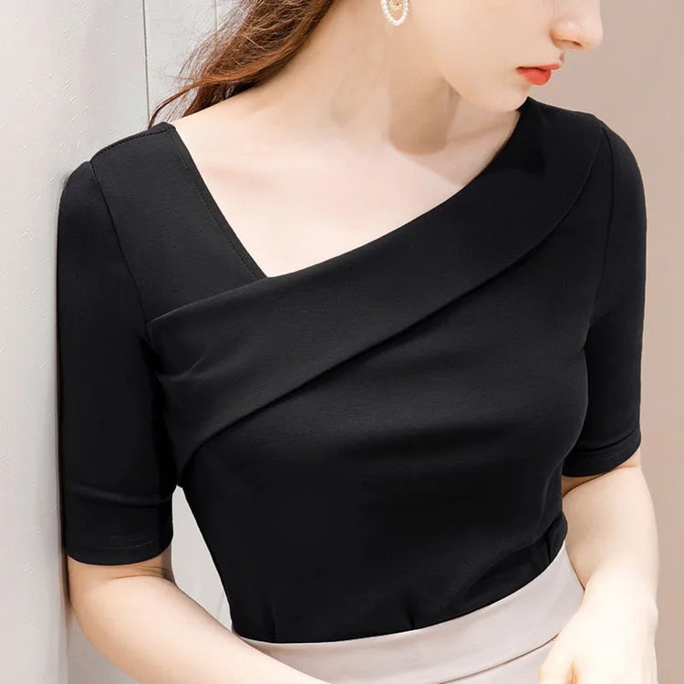 Skew-Collar Short-Sleeve Top