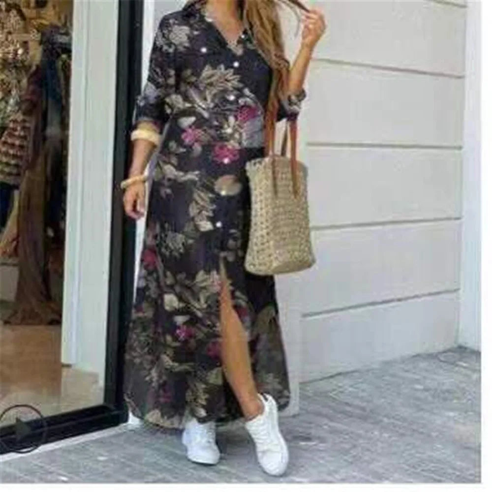 Printed Lapel Shirt Dress