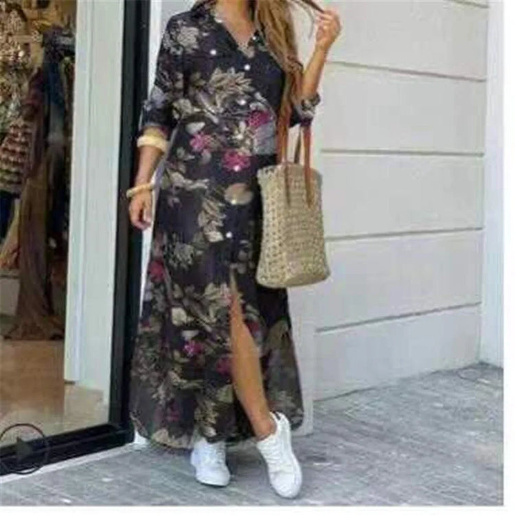 Printed Lapel Shirt Dress
