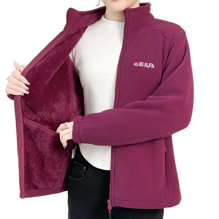Thickened Fleece Jacket Women's Autumn Winter Casual Loose Windproof Warm Stand Collar Fleece Lined Coat for Mom Outdoor Camp...