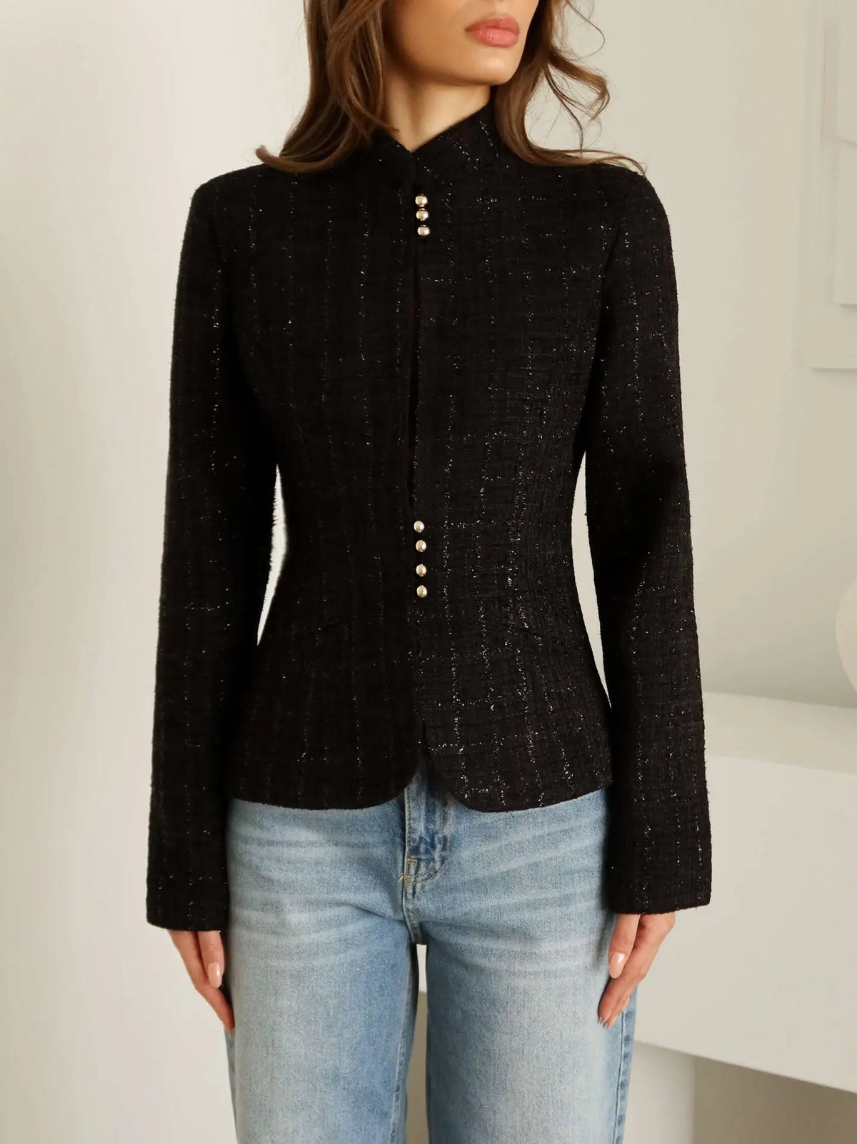 Stand-Collar Slim Blazer Jacket