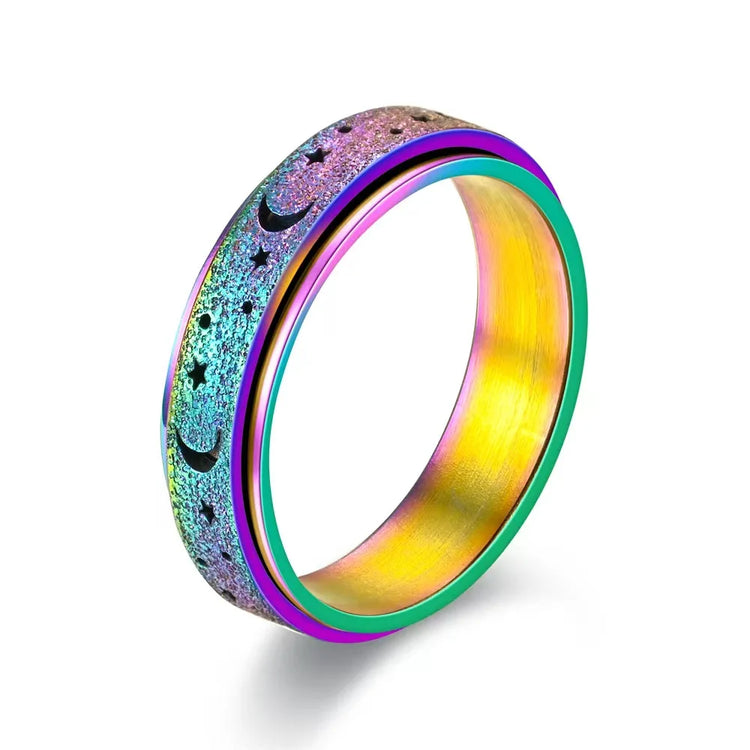 Anti Stress Stainless Steel Spinning Rotating Finger Rings For Women Men Rotatable Design Moon-Star Frosted Ring Fashion Jewelry