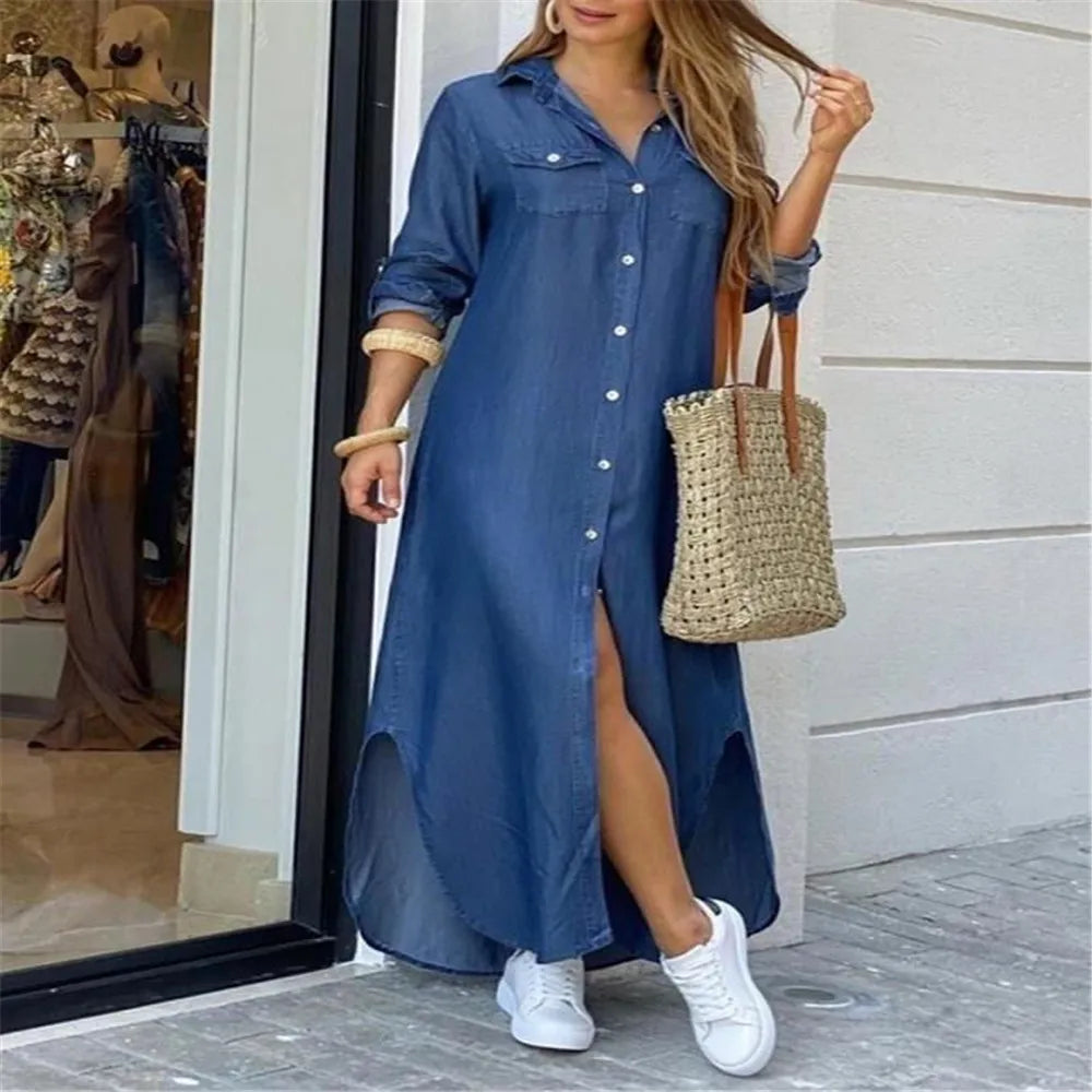 Printed Lapel Shirt Dress
