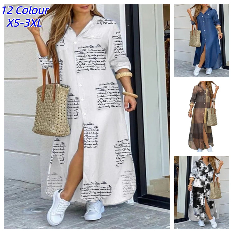 Printed Lapel Shirt Dress