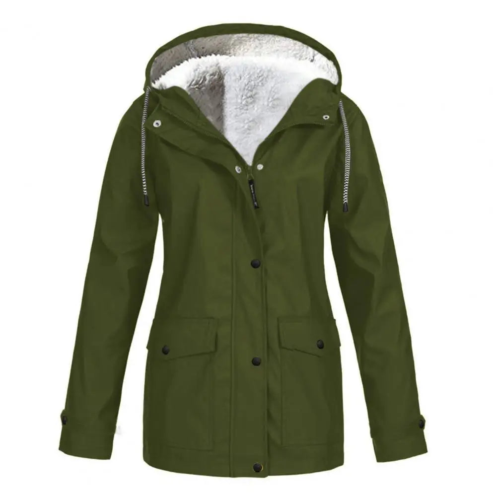 Women Hooded Down Jacket Women’s Winter Coat Fleece-lined Hooded Parka with Press Button Zipper Closure Mid-length Outerwear