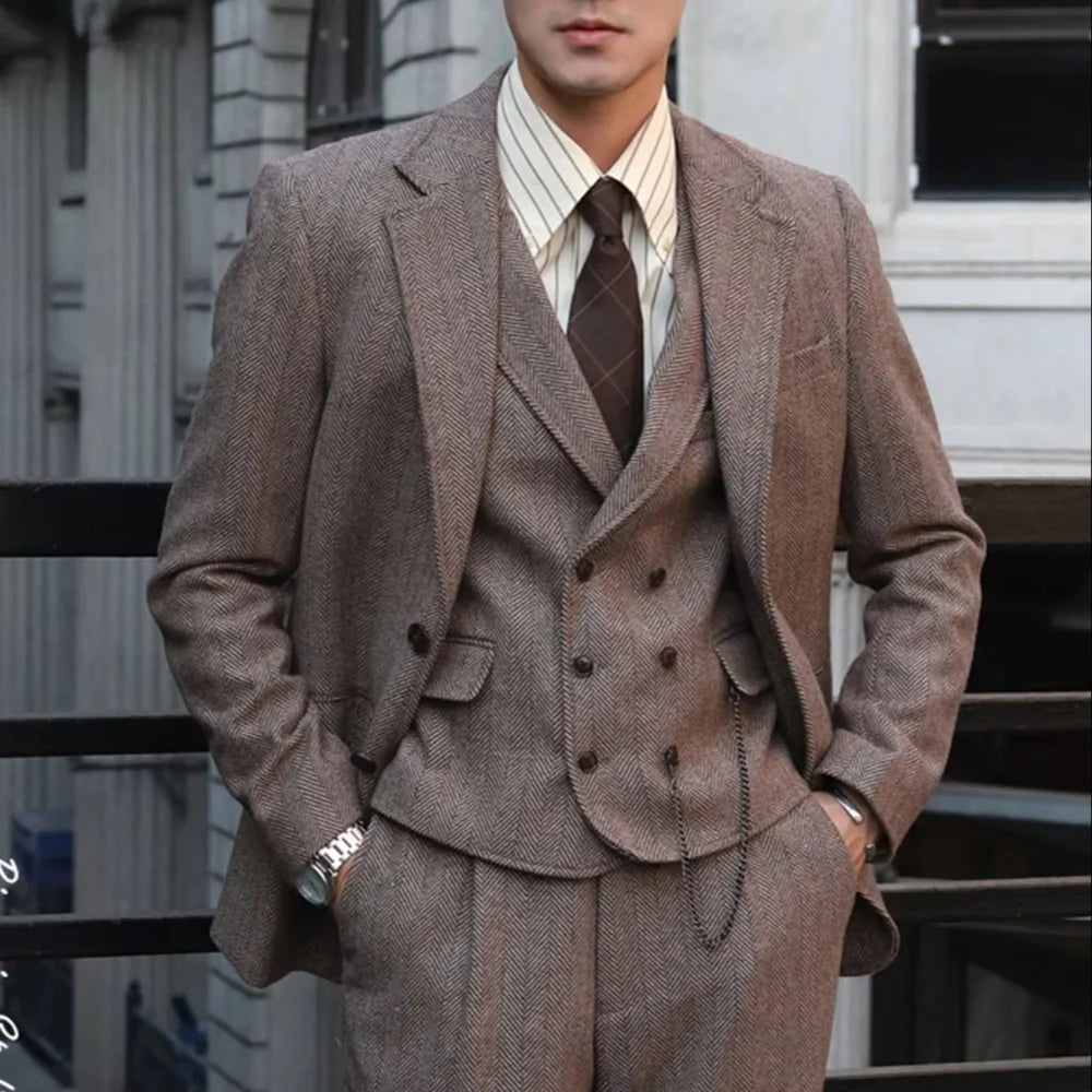 Men's Herringbone Three-Piece Suit