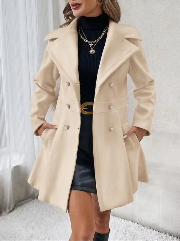 Women Jacket Elegant Women's Solid Color Woolen Double-breasted Coat with Turn-down Collar Long Sleeve Mid Length Overcoat