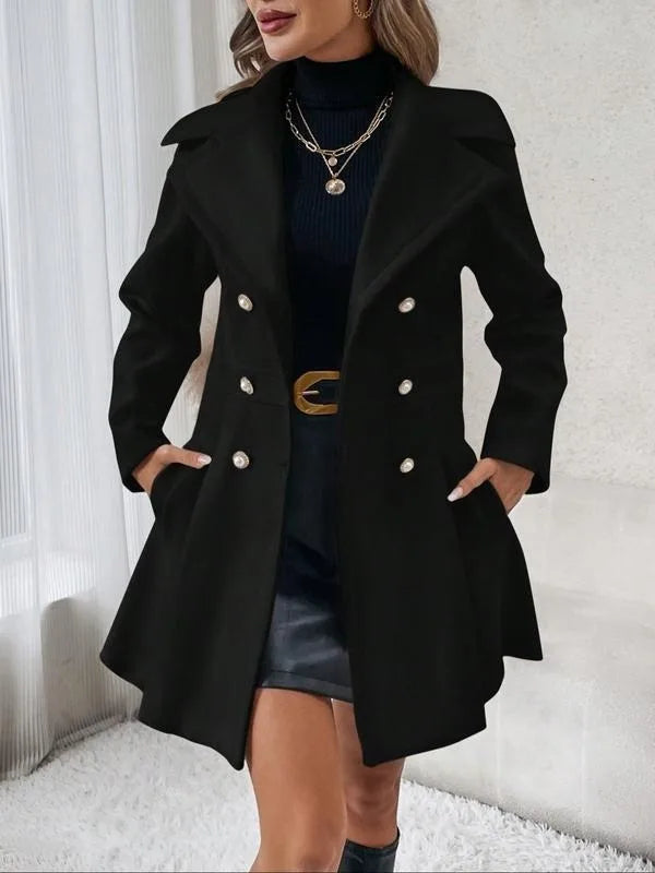 Women Jacket Elegant Women's Solid Color Woolen Double-breasted Coat with Turn-down Collar Long Sleeve Mid Length Overcoat
