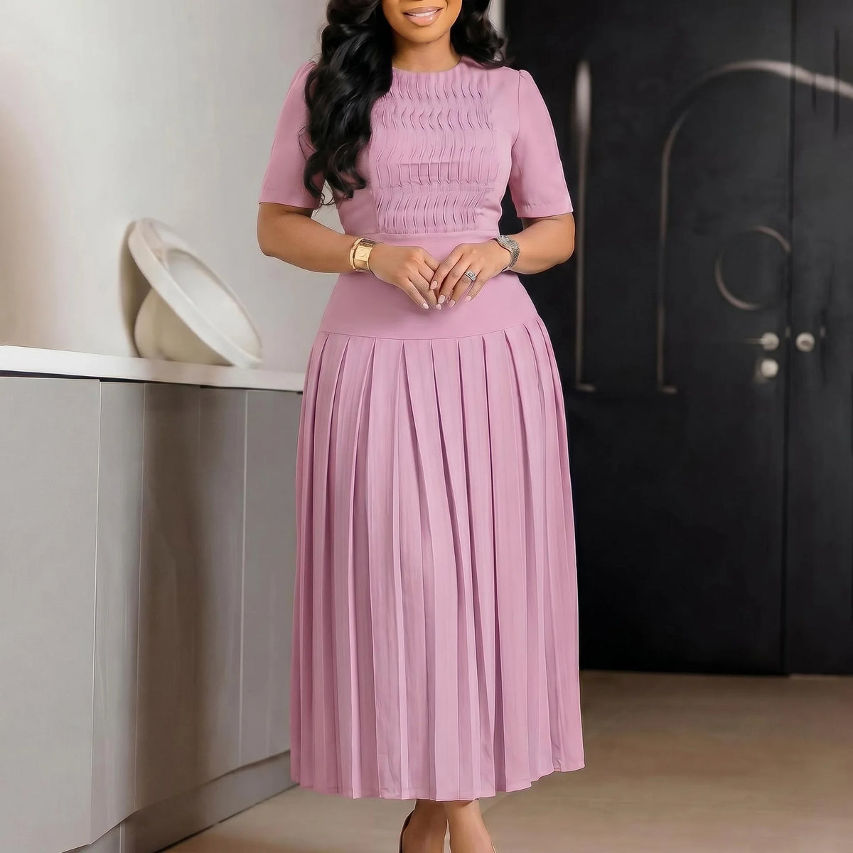 Pleated High-Waist Long Dress
