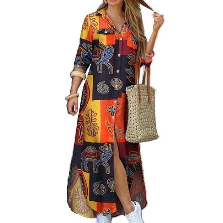 Printed Lapel Shirt Dress