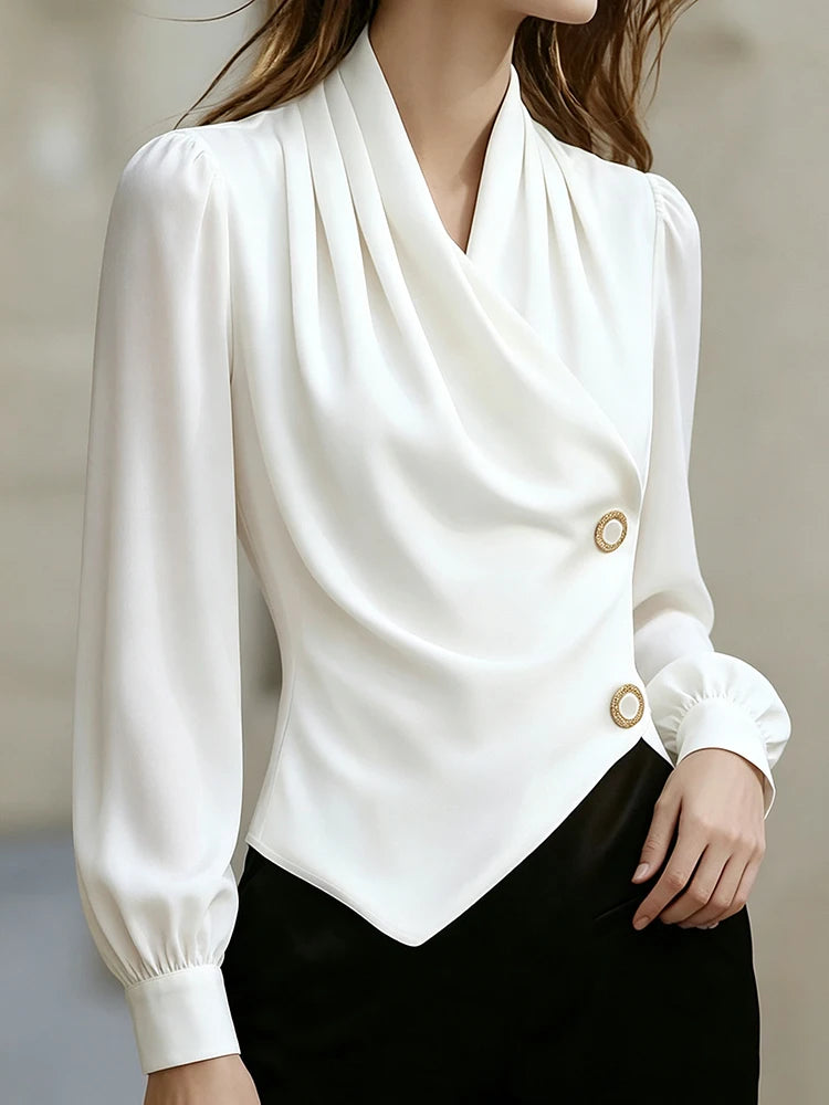 Pleated V-Neck Long-Sleeve Top