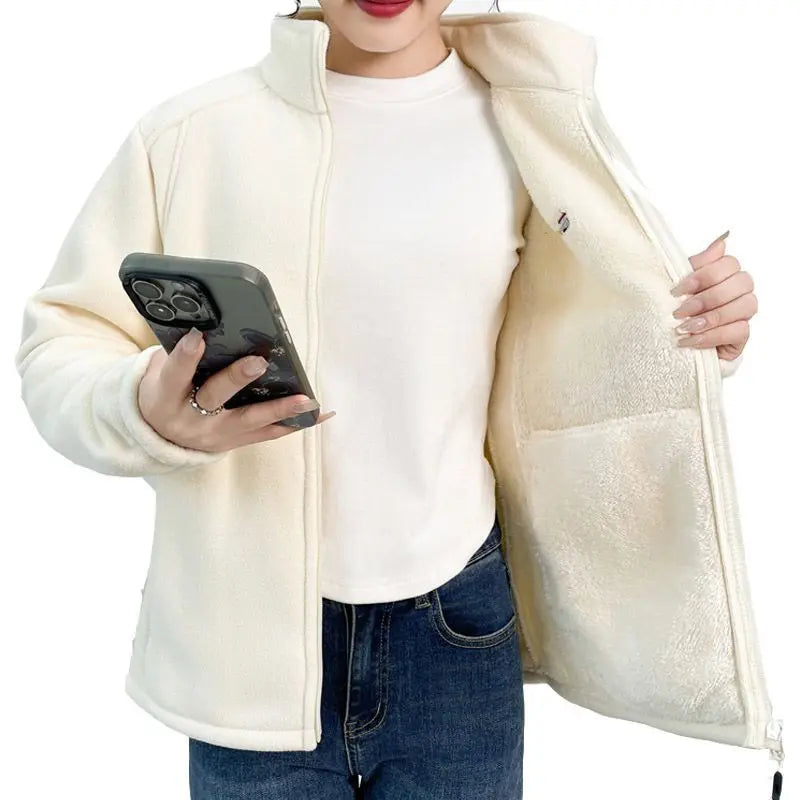 Thickened Fleece Jacket Women's Autumn Winter Casual Loose Windproof Warm Stand Collar Fleece Lined Coat for Mom Outdoor Camp...