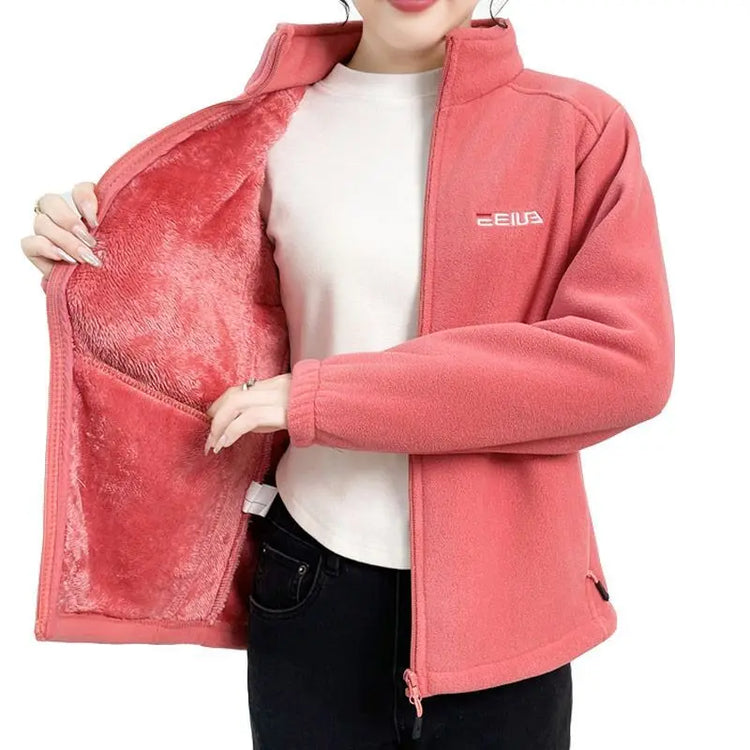 Thickened Fleece Jacket Women's Autumn Winter Casual Loose Windproof Warm Stand Collar Fleece Lined Coat for Mom Outdoor Camp...