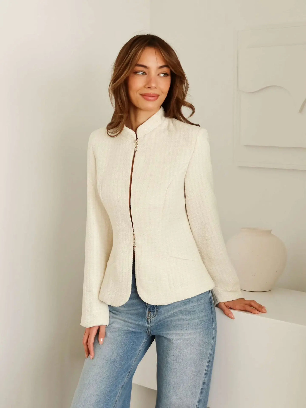 Stand-Collar Slim Blazer Jacket