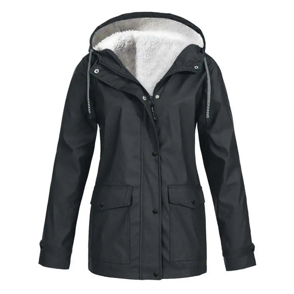 Women Hooded Down Jacket Women’s Winter Coat Fleece-lined Hooded Parka with Press Button Zipper Closure Mid-length Outerwear