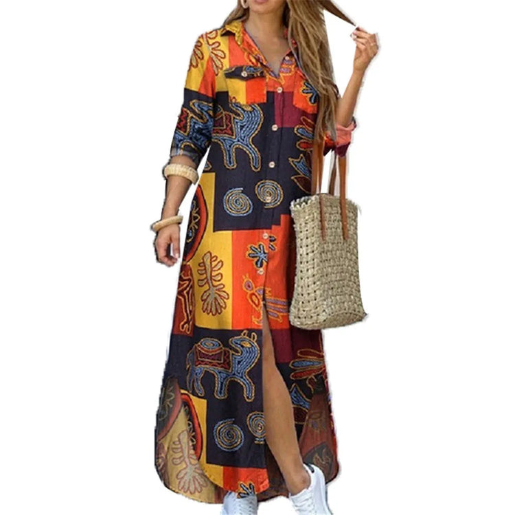 Printed Lapel Shirt Dress
