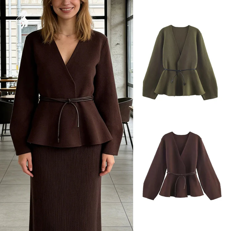 Tie-Waist V-Neck Knit Cardigan
