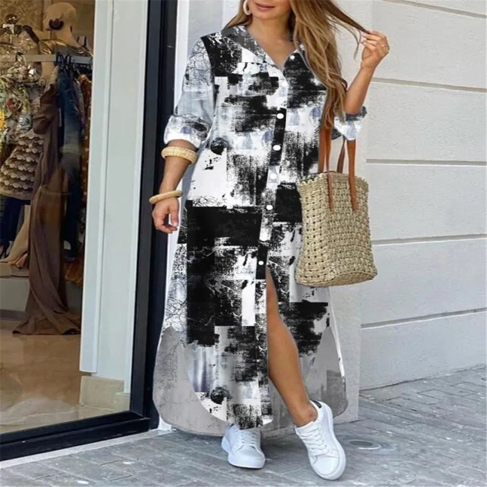 Printed Lapel Shirt Dress