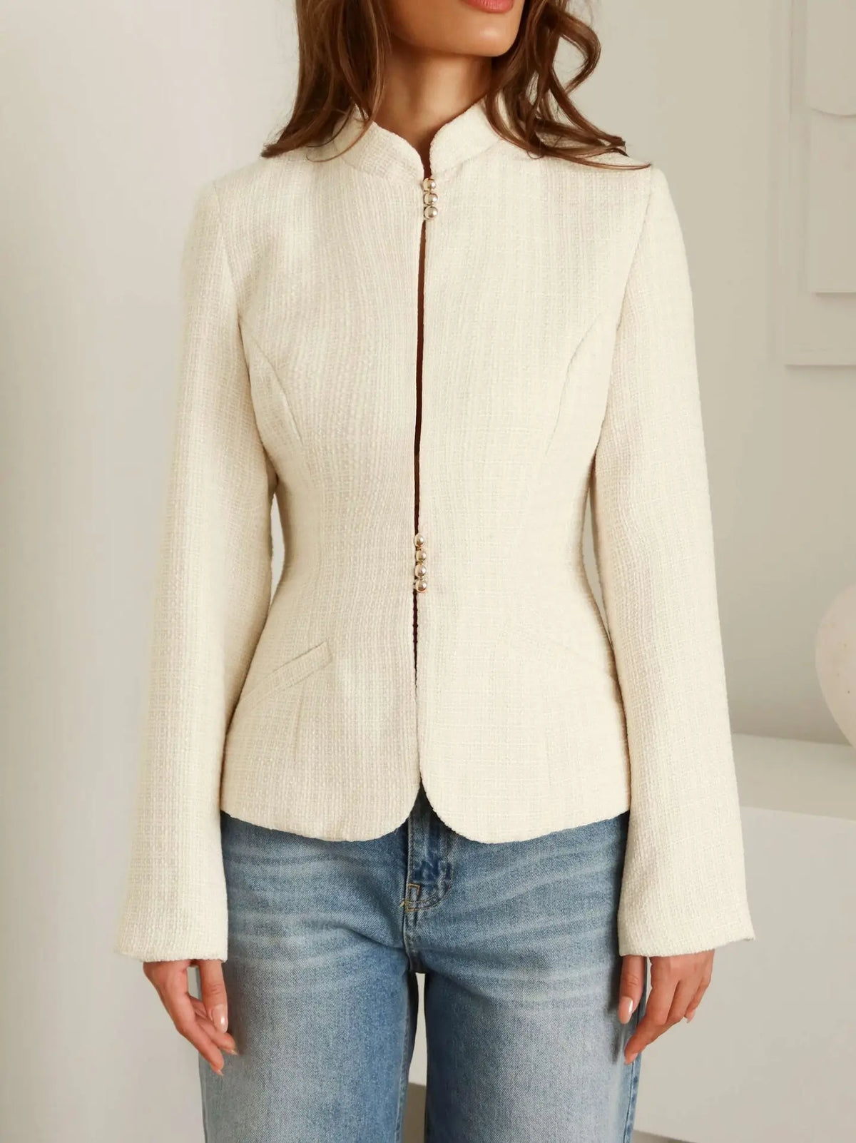 Stand-Collar Slim Blazer Jacket